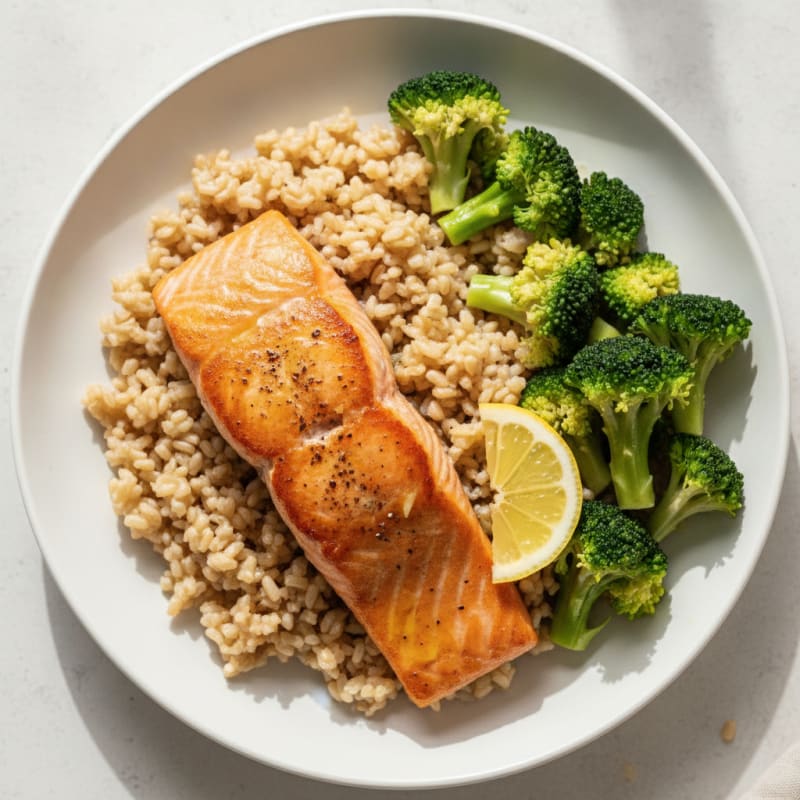 Seared Salmon Fillet with Steamed Broccoli and Brown Rice