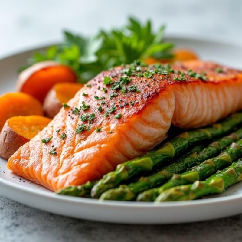 Seared Salmon with Roasted Asparagus and Sweet Potato