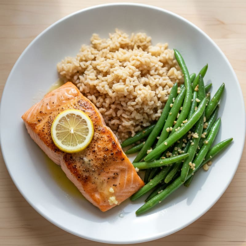 Seared Salmon Filet with Garlic Green Beans and Brown Rice