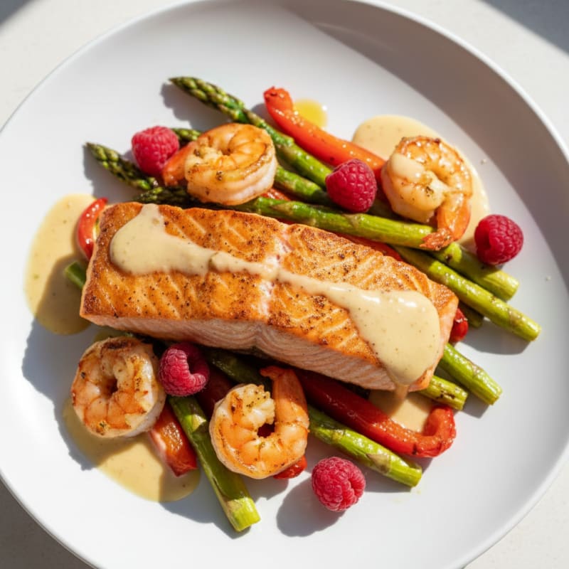 Seared Salmon Fillet with Roasted Vegetables and Lemon-Tahini Drizzle