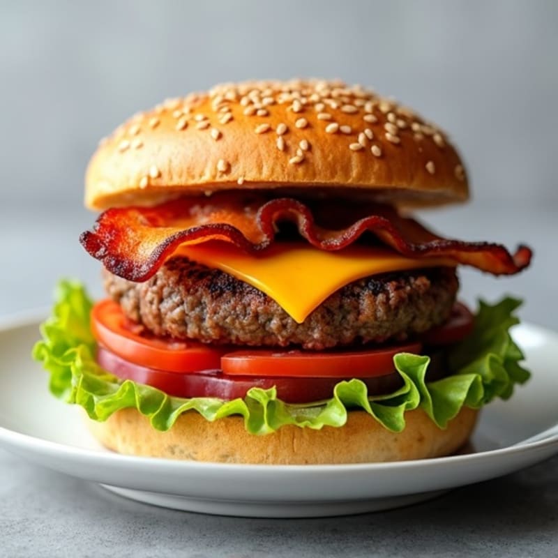 Lean Beef Burger with Crispy Bacon and Melted Cheddar
