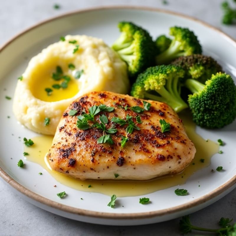 Herb-Roasted Chicken with Creamy Garlic Mashed Potatoes and Crispy Roasted Broccoli