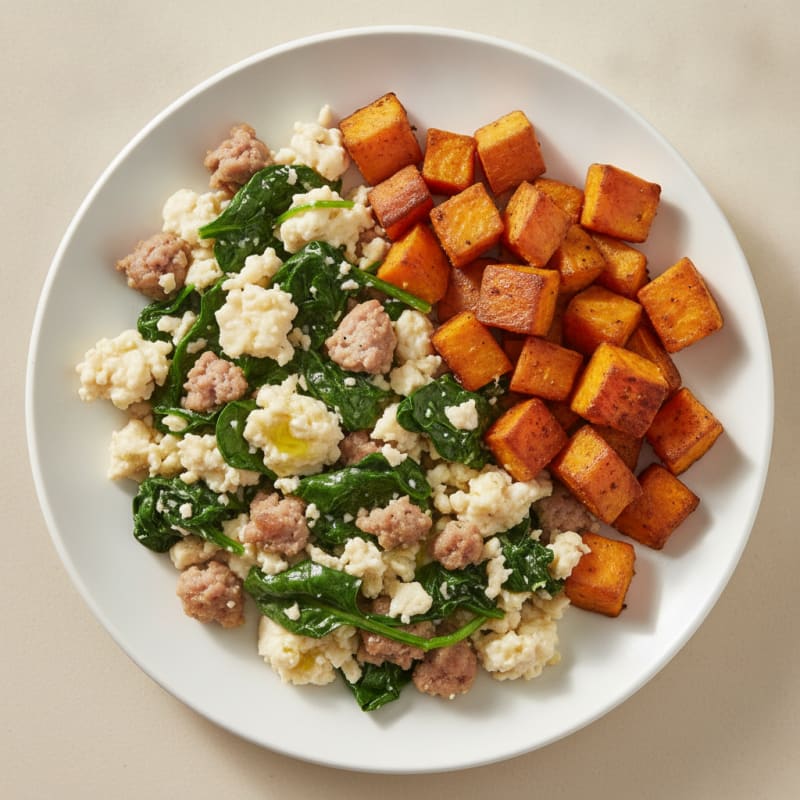 Egg White and Turkey Sausage Scramble with Spinach and Roasted Sweet Potato