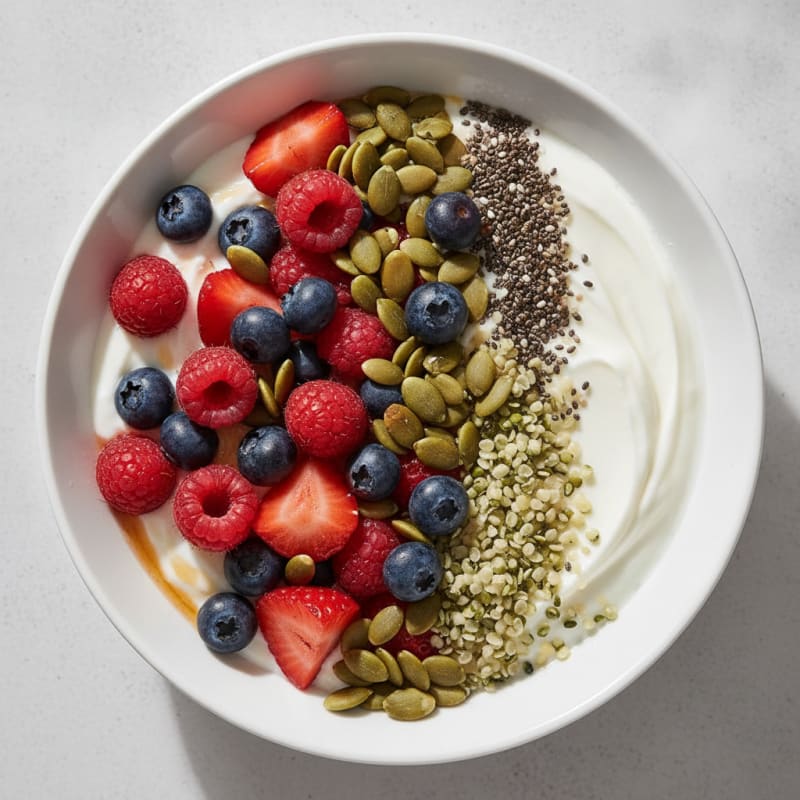 Greek Yogurt Bowl with Mixed Berries and Pumpkin Seed Crunch