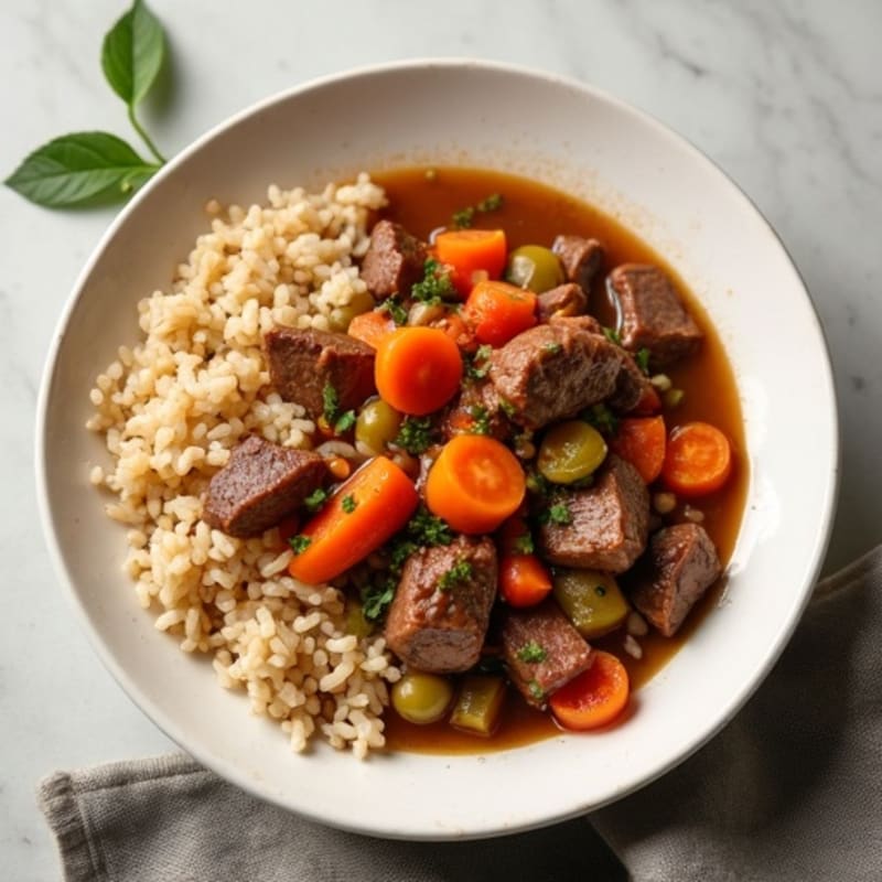 Herb-Spiced Beef and Vegetable Stew with Fluffy Brown Rice