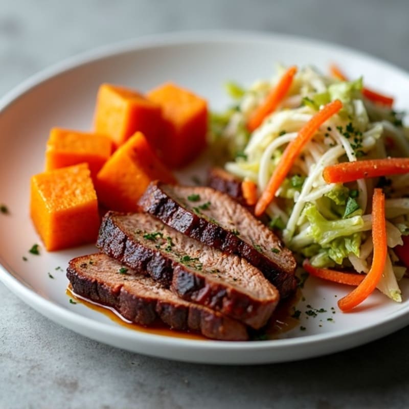Smoky Brisket Plate with Roasted Sweet Potatoes and Crunchy Slaw