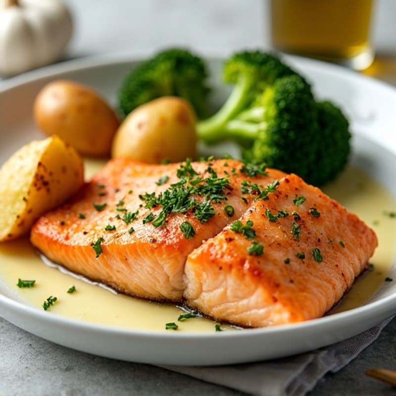 Lemon Garlic Roasted Salmon with Crispy Potatoes and Tender Broccoli