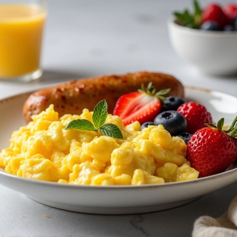 Scrambled Eggs with Chicken Sausage and Fresh Berries