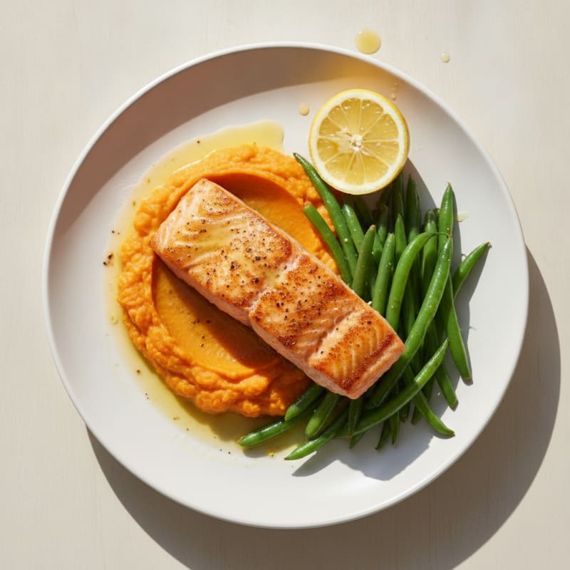 Seared Salmon Fillet with Steamed Green Beans and Sweet Potato Mash