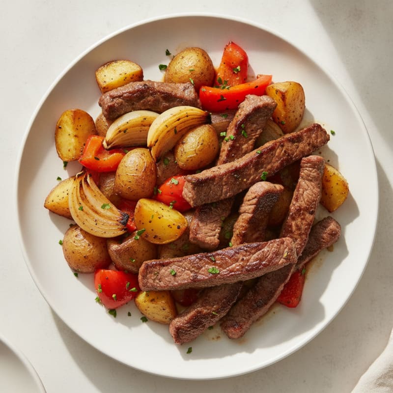 Seared Beef Strips with Roasted Potatoes and Onions