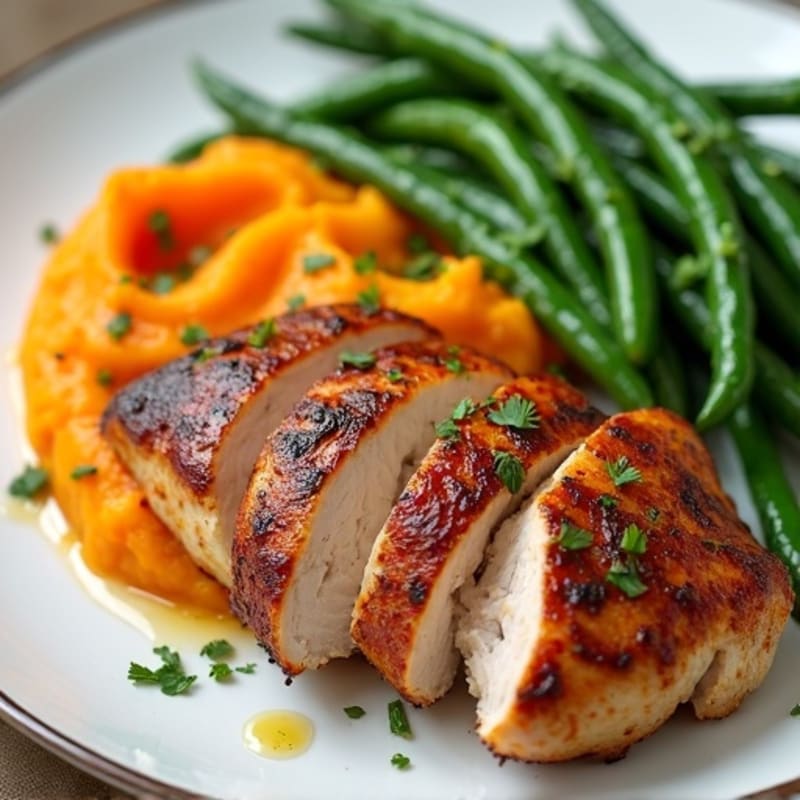 Seared Turkey Breast with Garlic Green Beans and Sweet Potato Mash