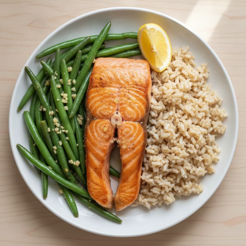 Seared Salmon Fillet with Garlic Green Beans and Brown Rice