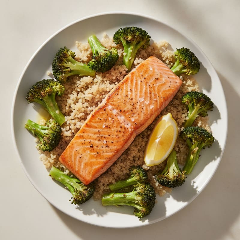 Seared Salmon Fillet with Roasted Broccoli and Quinoa
