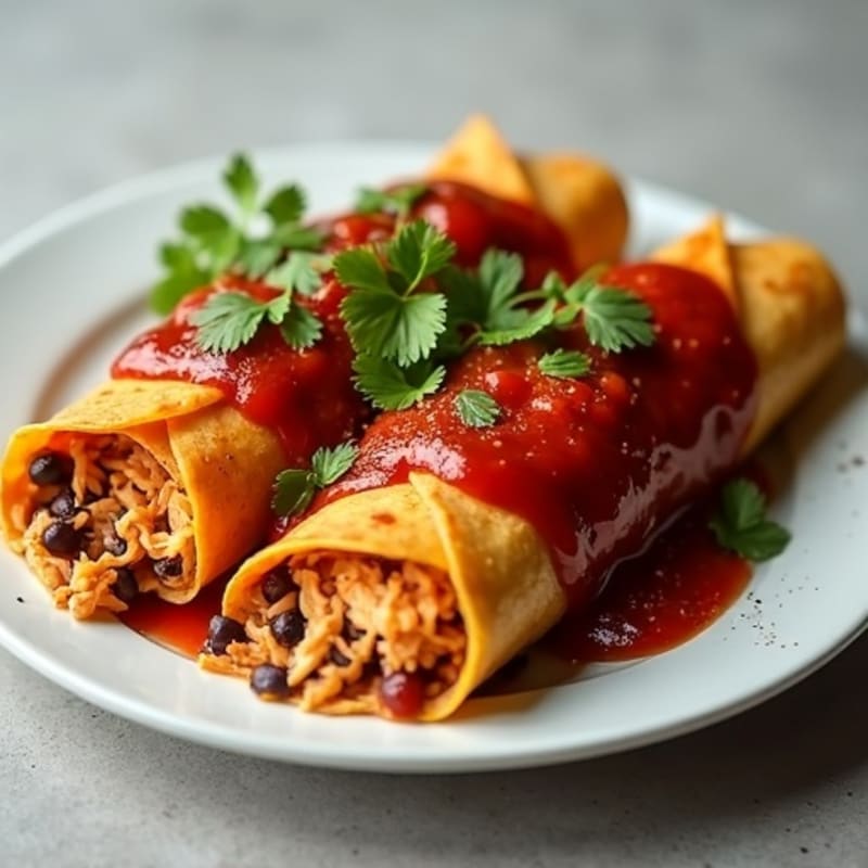 Shredded Chicken and Black Bean Enchiladas with Smoky Red Sauce