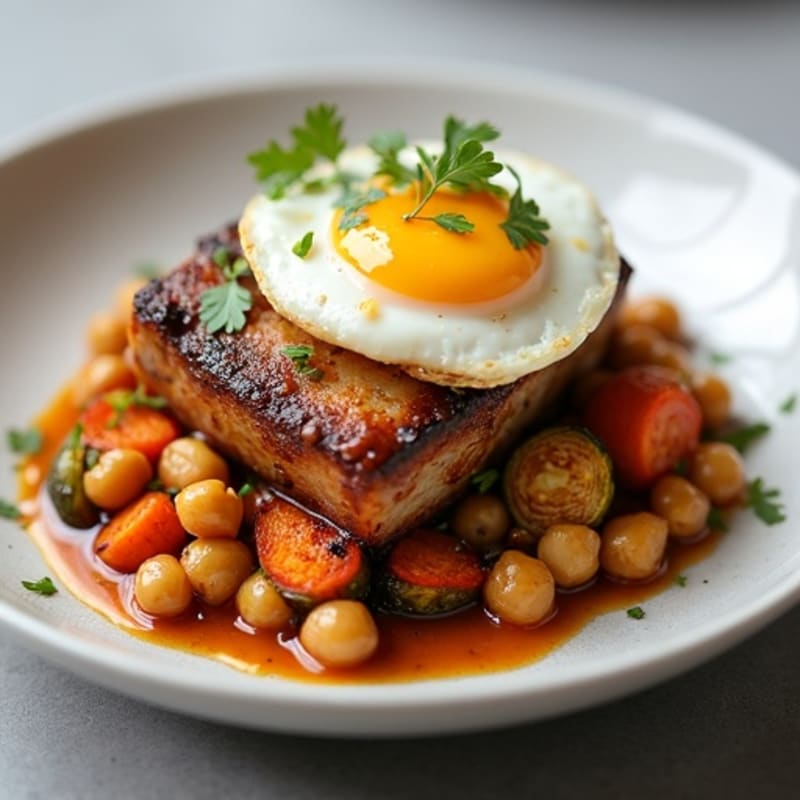 Tender Slow-Braised Pork Belly with Crispy Roasted Vegetables