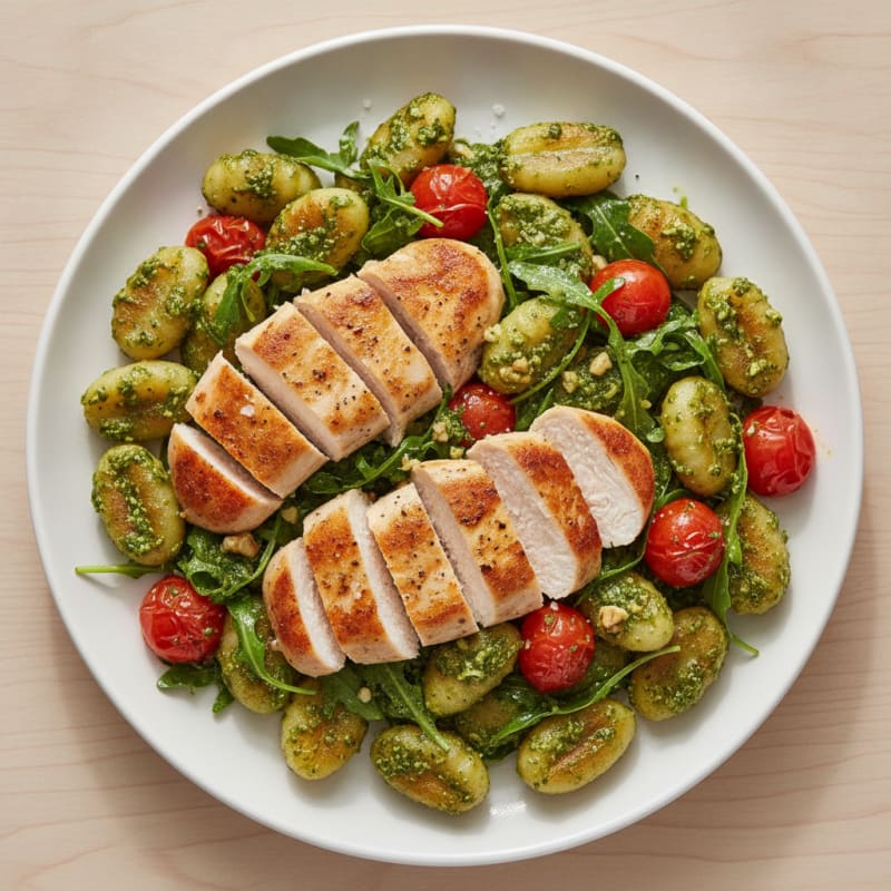 Gnocchi with Arugula Pesto and Cherry Tomatoes