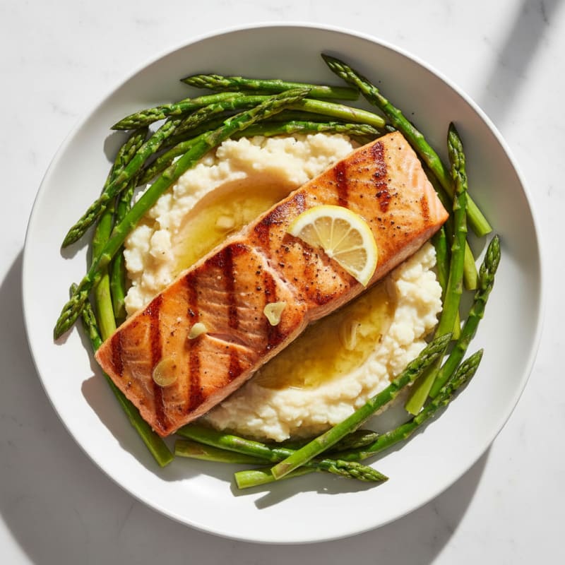 Grilled Salmon with Steamed Asparagus and Cauliflower Mash