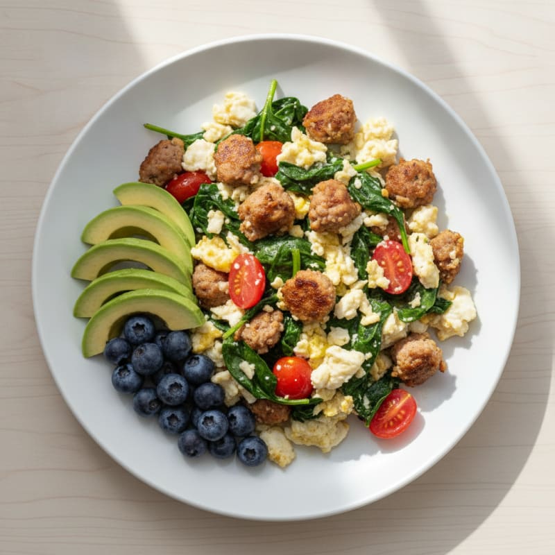Egg White and Turkey Sausage Scramble with Spinach and Tomatoes