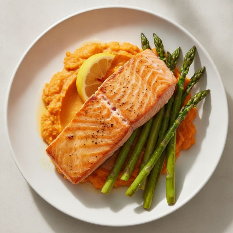 Seared Salmon Fillet with Roasted Asparagus and Sweet Potato Mash