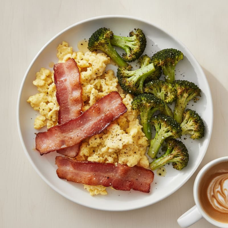 Scrambled Eggs with Canadian Bacon and Roasted Broccoli