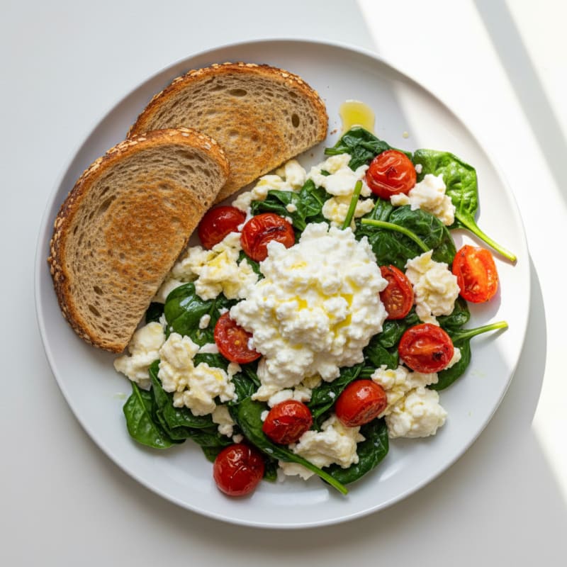 Egg White and Spinach Scramble with Cottage Cheese and Cherry Tomatoes