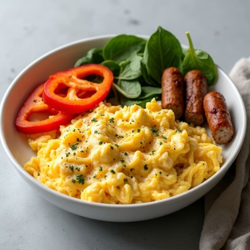 Scrambled Eggs with Chicken Sausage and Roasted Sweet Potatoes