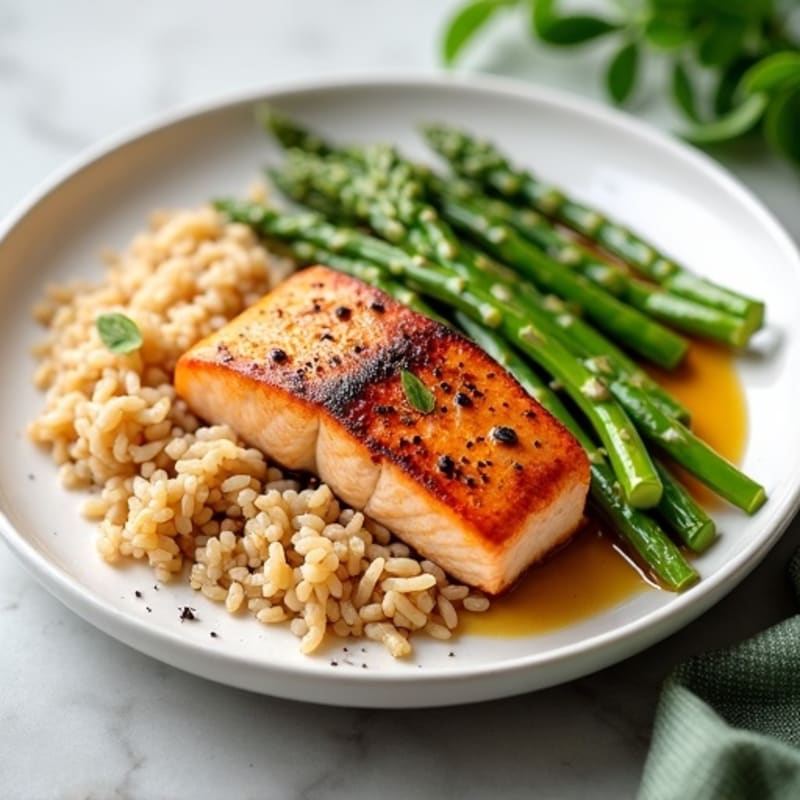 Seared Salmon with Steamed Asparagus and Brown Rice