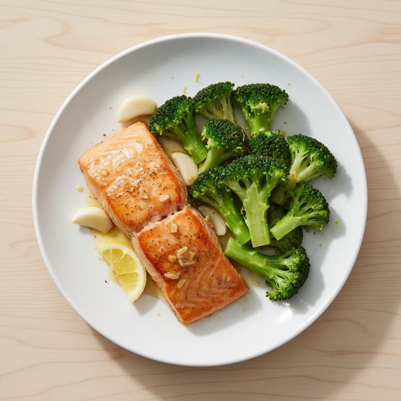 Lemon Garlic Pan Seared Salmon with Steamed Broccoli