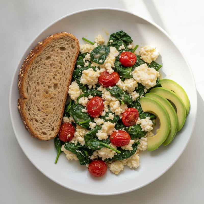 Cottage Cheese Egg White Scramble with Sautéed Spinach and Tomatoes
