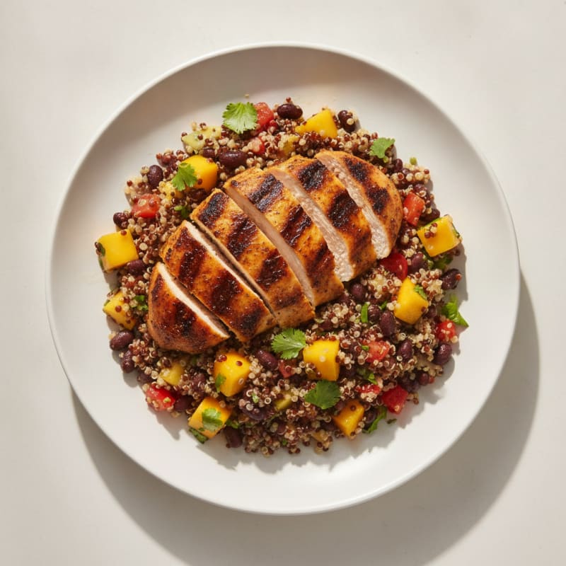 Jerk Grilled Chicken Breast with Black Bean and Mango Quinoa Salad