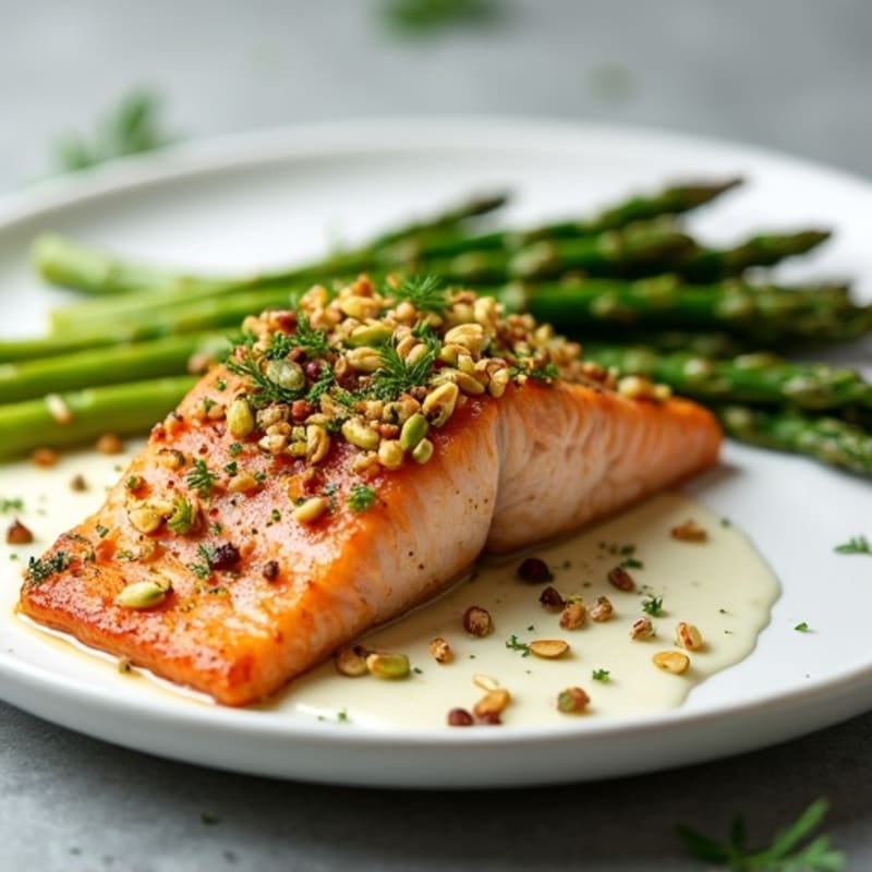 Crispy Pistachio-Herb Baked Salmon with Roasted Asparagus