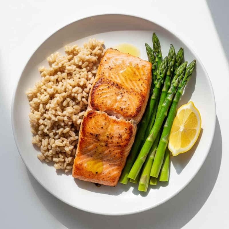 Seared Salmon with Steamed Asparagus and Brown Rice