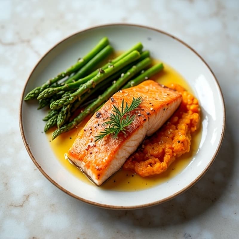 Seared Salmon with Steamed Asparagus and Sweet Potato Mash