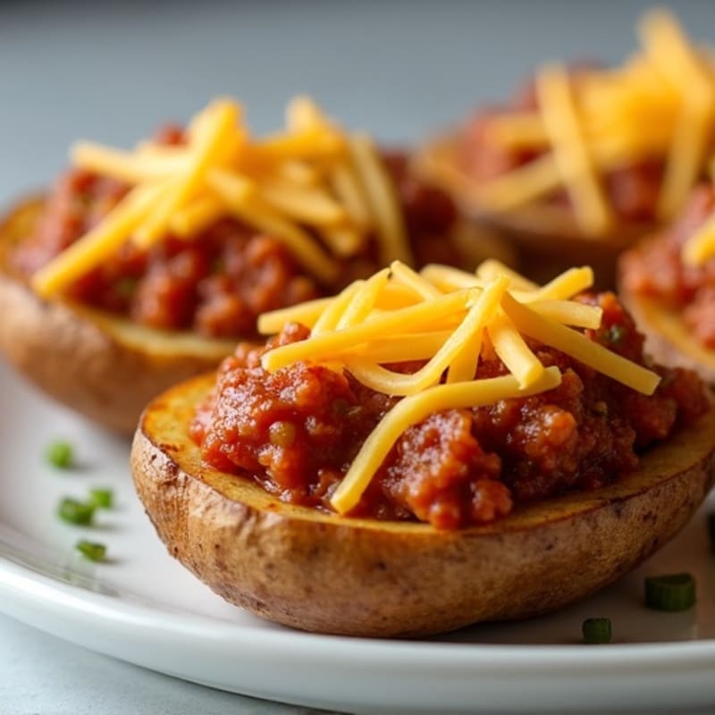 Crispy Baked Potato Skins with Lean Turkey Chili and Melty Cheddar