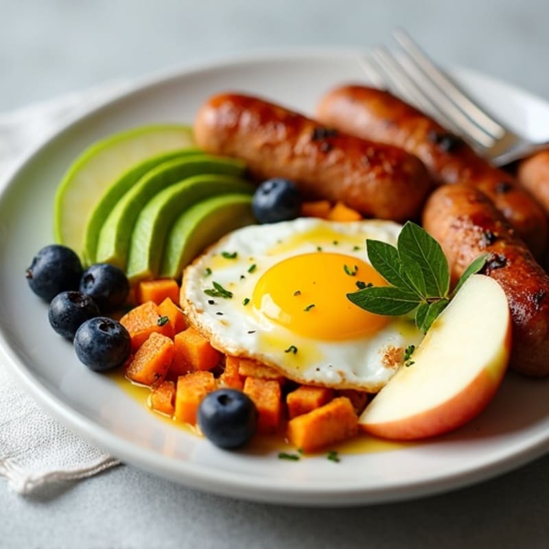 Egg White and Turkey Sausage Scramble with Roasted Sweet Potatoes