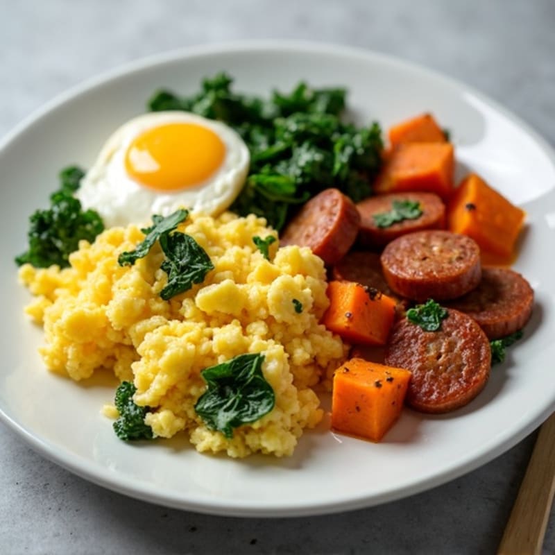 Fluffy Scrambled Eggs with Sautéed Spinach and Crispy Sweet Potato Hash