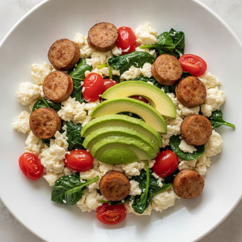 Egg White and Turkey Sausage Scramble with Spinach and Tomatoes