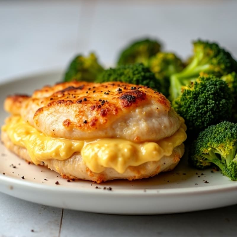 Creamy Pimento Cheese Stuffed Chicken Breast with Crispy Roasted Broccoli