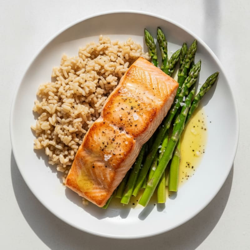 Seared Salmon Fillet with Steamed Asparagus and Brown Rice