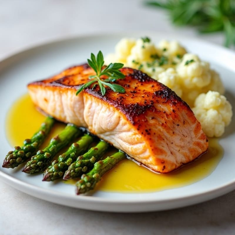 Seared Salmon with Roasted Asparagus and Cauliflower Mash
