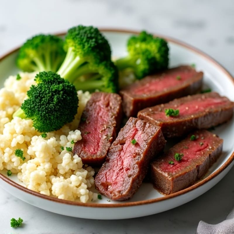 Seared Lean Beef Strips with Steamed Broccoli and Cauliflower Rice
