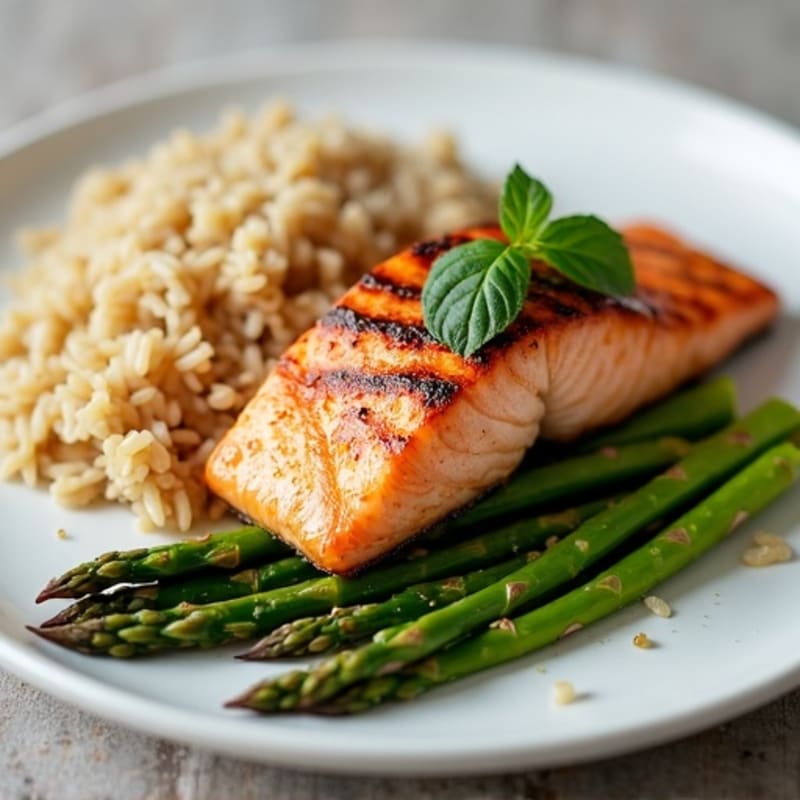 Seared Salmon with Steamed Asparagus and Brown Rice