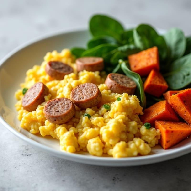 Egg White and Turkey Sausage Scramble with Roasted Sweet Potatoes