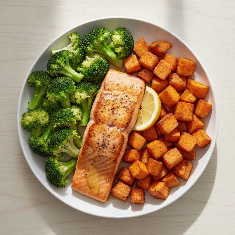 Seared Salmon with Steamed Broccoli and Roasted Sweet Potatoes