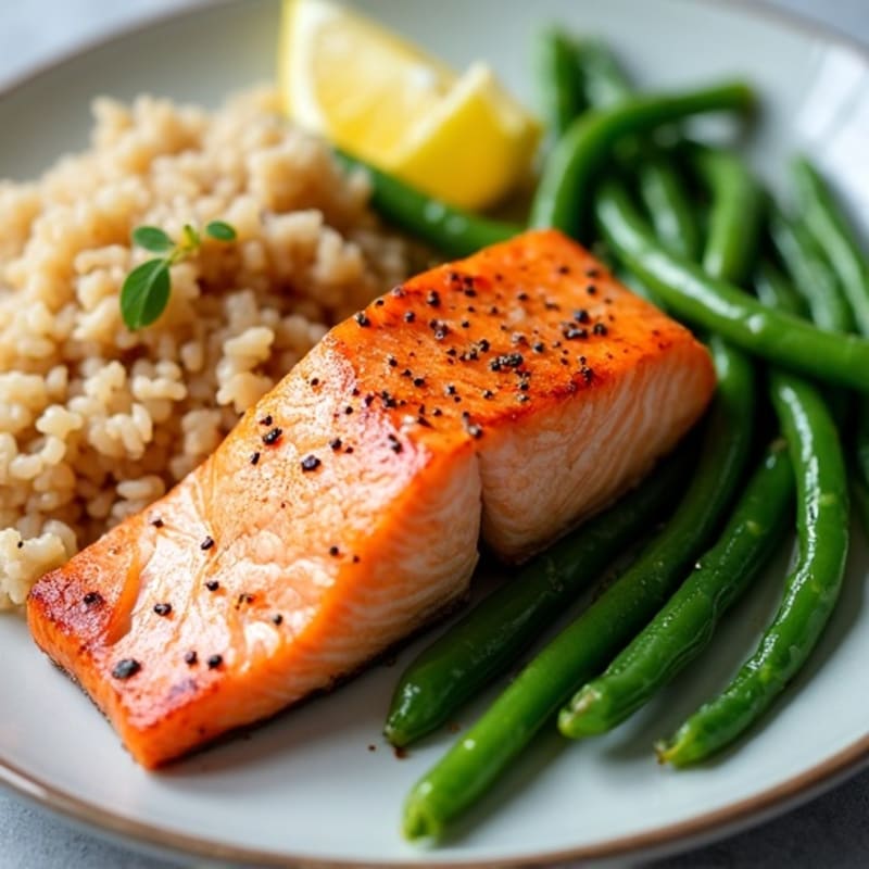 Seared Salmon with Steamed Green Beans and Brown Rice