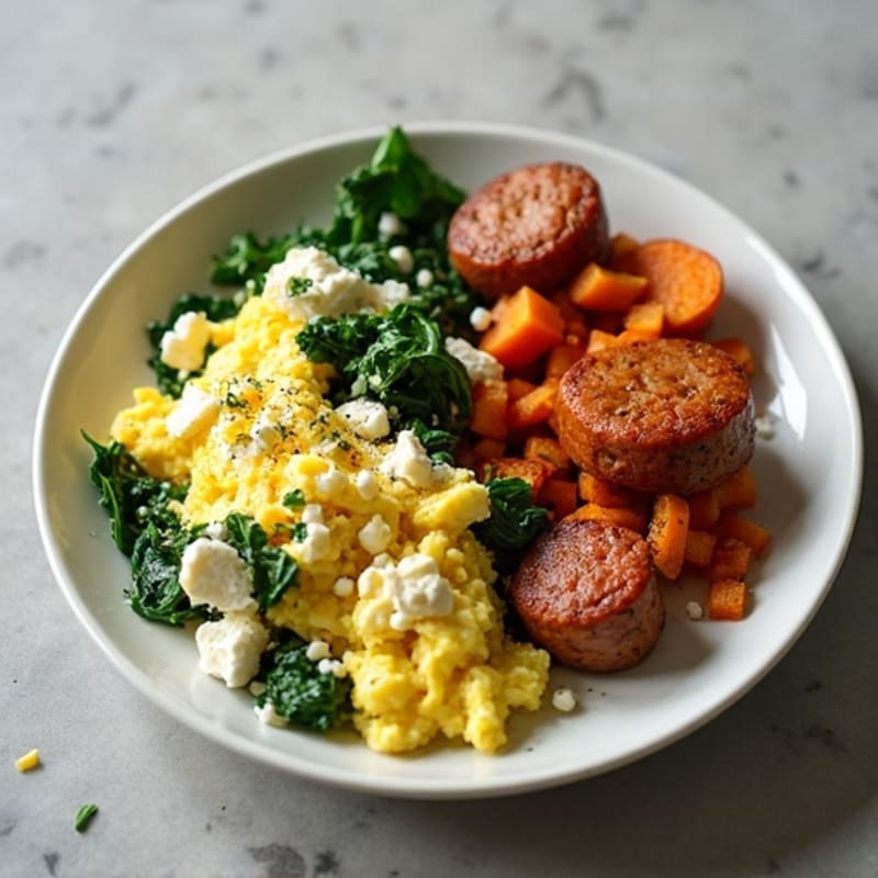 Scrambled Eggs with Spinach, Feta, and Crispy Sweet Potato Hash