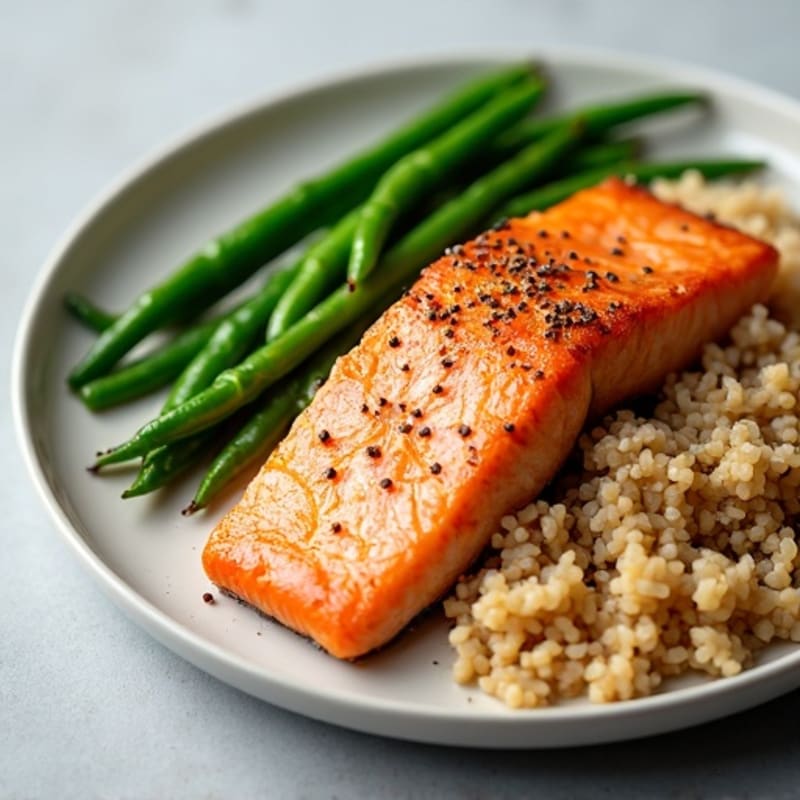 Seared Salmon Fillet with Garlic Green Beans and Brown Rice
