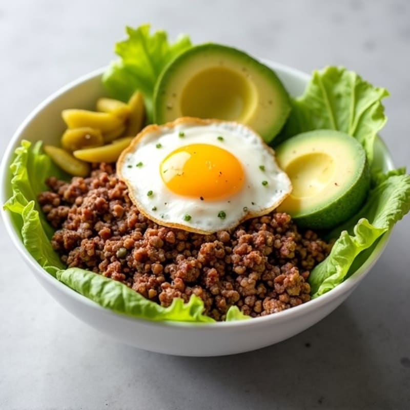 Savory Ground Beef Bowl with Crisp Lettuce, Tangy Pickles, and Creamy Special Sauce