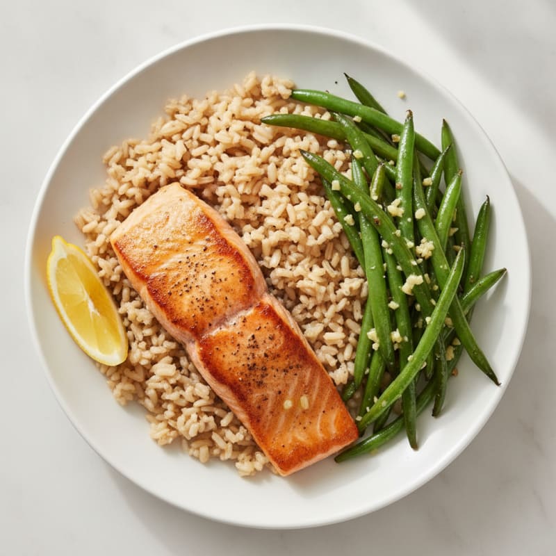 Seared Salmon Fillet with Garlic Green Beans and Brown Rice