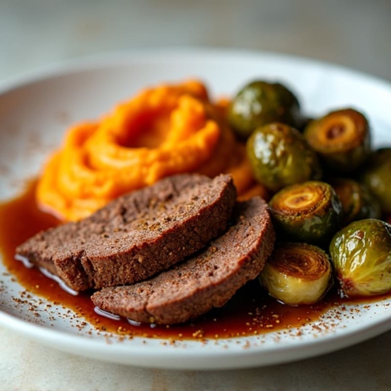 Slow-Cooked Smoky Brisket with Crispy Brussels Sprouts and Sweet Potato Mash